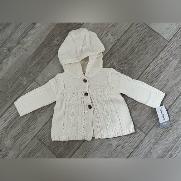 Baby Girl Size 6 M Cream Cotton Hooded Sweater with Buttons NWT - Picture 1 of 5